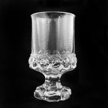 Load image into Gallery viewer, We&#39;re digging the unique design of these vintage Franciscan &quot;Madeira Clear (Ice)&quot; juice or wine glasses. Set of four. These heavy weighted goblets were produced by Tiffin Glass between 1972 - 1977. These will compliment your tablescape beautifully!  In excellent condition, free from chips/cracks.  Measures 2-7/8&quot; x 4-7/8&quot;
