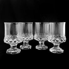 Load image into Gallery viewer, We&#39;re digging the unique design of these vintage Franciscan &quot;Madeira Clear (Ice)&quot; juice or wine glasses. Set of four. These heavy weighted goblets were produced by Tiffin Glass between 1972 - 1977. These will compliment your tablescape beautifully!  In excellent condition, free from chips/cracks.  Measures 2-7/8&quot; x 4-7/8&quot;
