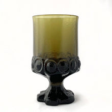 Load image into Gallery viewer, We&#39;re digging the unique design of these vintage Franciscan &quot;Madeira Olive Green&quot; juice or wine glass. These heavy weighted goblets were produced by Tiffin Glass between 1973 - 1976. These will compliment your tablescape beautifully!  In excellent condition, free from chips/cracks.  Measures 2-7/8&quot; x 4-7/8&quot;
