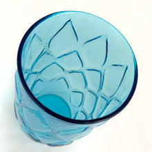 Load image into Gallery viewer, Vintage &quot;Madrid Blue&quot; flat glass tumblers with a raised diamond pattern. Produced by Anchor Hocking. Circa 1970s.  Measures 2-3/4&quot; x 5-5/8&quot;, 13oz
