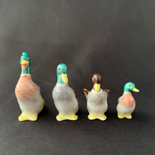Load image into Gallery viewer, Vintage set of four miniature hand painted porcelain figurines of a stand Mallard ducks. Produced by Metzler &amp; Ortloff of Germany. These were created for export market between 1923 - 1972.  In excellent condition, no chips or cracks. Crazing present. Maker&#39;s mark on the bottom of each bird.  Approximate heights of each bird are: 1-3/4&quot;, 1-5/8&quot; and 1&quot;
