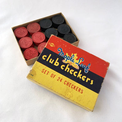 Vintage Boxed Set 24 Black Red Maple Leaf Wood Wooden Club Checkers Crown crokinole parlour board game entertaining night Home Decor Boho Bohemian Shabby Chic Cottage Farmhouse Mid-Century Modern Retro Flea Market Style Unique Sustainable Gift Antique Prop GTA Hamilton Toronto Canada shop store community seller reseller vendor