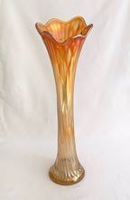 Load image into Gallery viewer, We just love this carnival glass, ruffled vase, in marigold. It&#39;s trumpet shape full of orangey, shimmery, iridescence/opalescence goodness. Produced by Imperial Glass, USA. Perfect to show off any floral bouquet!  In good vintage condition, no chips or cracks, so wear to the finish at the base.  Measures 15 inches
