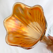 Load image into Gallery viewer, We just love this carnival glass, ruffled vase, in marigold. It&#39;s trumpet shape full of orangey, shimmery, iridescence/opalescence goodness. Produced by Imperial Glass, USA. Perfect to show off any floral bouquet!  In good vintage condition, no chips or cracks, so wear to the finish at the base.  Measures 15 inches
