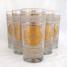 Load image into Gallery viewer, Gorgeous set of six &quot;Mayan Gold&quot; 12oz flat tumbler cocktail glasses depicting a 22kt gold Mayan calendar medallion against frosted glass with decorative borders. Hazel-Atlas Glass, USA, circa 1960. A fabulous addition to your barware collection!  Measures 2 3/4 x 5 1/2 inches  Capacity 12oz   
