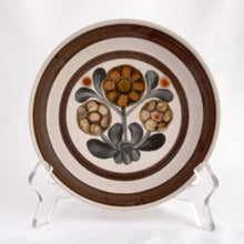 Load image into Gallery viewer, Rich and warm perfectly describes the cozy vibes of this vintage &quot;Mayflower&quot; bread and butter plate with rich tones of brown, tan and gray florals with brown bands. Designed by Gill Pemberton and produced by Denby in England, between 1965 - 1982.  In good vintage condition, free from chips/cracks, minor wear.  Measures 6 5/8 inches
