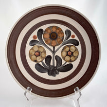 Load image into Gallery viewer, Rich and warm perfectly describes the cozy vibes of this vintage &quot;Mayflower&quot; dinner plate with rich tones of brown, tan and gray florals with brown bands. Designed by Gill Pemberton and produced by Denby-Langley in England, between 1965 - 1982.  In good vintage condition, free from chips/cracks, minor wear.  Measures 10-1/8&quot;
