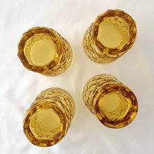 Load image into Gallery viewer, Set of four vintage &quot;Miliano Honey Gold&quot; juice glasses with textured surface which makes them incredible easy to hold onto to. Made by the Anchor Hocking Glass Company, between 1960-1969.  In excellent condition, free from chips/cracks.  Measures 2-1/4&quot; x 3-7/8&quot;
