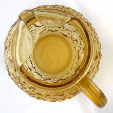 Load image into Gallery viewer, Vintage &quot;Miliano Honey Gold&quot; glass beverage pitcher with textured surface and ribbed handle. Made by the Anchor Hocking Glass Company, between 1960-1969.  In excellent condition, free from chips/cracks.  Measures 2-1/4&quot; x 3-7/8&quot; and holds 96 ounces
