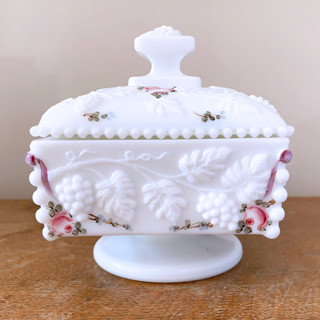 Beautifully hand painted vintage pressed milk glass lidded box in the highly detailed 