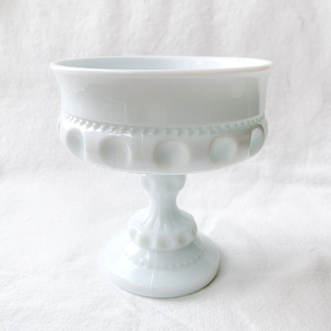 This classic vintage milk glass round pedestal compote in the 