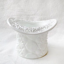 Load image into Gallery viewer, A vintage milk glass top hat dish in the &quot;Daisy and Button&quot; pattern, made by the Indiana Glass Co. It&#39;s great as a candy / nut dish, or repurpose for make-up brushes, as a small vase for an adorable floral bouquet, or a catchall for loose change or your office paperclip holder.  In excellent condition, no chips or cracks.  Measures 4-5/8&quot; x 3-1/4&quot;
