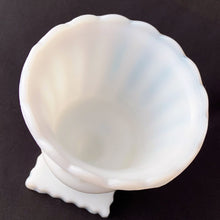 Load image into Gallery viewer, Grecian style milk glass planted. Its fluted shape is ultra feminine and would be perfect for a pretty floral display, or your favourite house plant. Or repurpose as a candy dish, pencil or make-up brush holder. Produced by Hazel-Atlas Glass, USA.   In excellent condition, no chips or cracks.  Measures 4 1/2 x 6 inches
