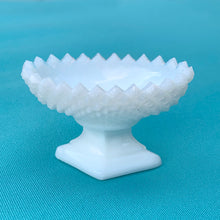 Load image into Gallery viewer, Vintage Milk Glass Oval Shaped Pedestal Bowl, Diamond Point with Saw Toothed Edge Shabby Chic Farmhouse Flea Market Style Home Decor Antique Freelton Mall Toronto Canada Westmoreland
