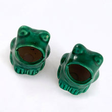 Load image into Gallery viewer, Adorable pair of vintage forest green open-mouthed ceramic frog figurines or planters. Made in Taiwan, circa 1970s. Great kitchen decor pieces...they are just so stinking cute!  In excellent  condition free from chips/cracks/repairs.  Measures 2-1/2&quot; tall
