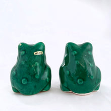 Load image into Gallery viewer, Adorable pair of vintage forest green open-mouthed ceramic frog figurines or planters. Made in Taiwan, circa 1970s. Great kitchen decor pieces...they are just so stinking cute!  In excellent  condition free from chips/cracks/repairs.  Measures 2-1/2&quot; tall
