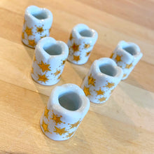 Load image into Gallery viewer, Set of six vintage mini taper holly berry porcelain candle holders perfect for Christmas or any special celebration decorating, adding ambience to your holiday decor! Made by Funny Design of West Germany.  In excellent condition, no chips or cracks.
