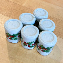 Load image into Gallery viewer, Vintage Christmas Mini Taper Candle Holders with Holly and Berries West Germany Funny Design Holiday Decor Decorations Home Freelton Hamilton Antique Mall shop store community seller reseller Toronto Canada vendor ambience light candlelight
