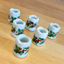 Load image into Gallery viewer, Vintage Christmas Mini Taper Candle Holders with Holly and Berries West Germany Funny Design Holiday Decor Decorations Home Freelton Hamilton Antique Mall shop store community seller reseller Toronto Canada vendor ambience light candlelight
