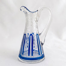 Load image into Gallery viewer, Sweet etched clear glass pitcher with an applied handle and blue band details.  In excellent condition, free from chips/cracks/repairs.  Measures 1-7/8&quot; x 3-5/8&quot;
