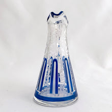 Load image into Gallery viewer, Sweet etched clear glass pitcher with an applied handle and blue band details.  In excellent condition, free from chips/cracks/repairs.  Measures 1-7/8&quot; x 3-5/8&quot;

