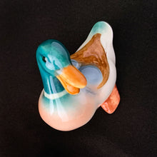 Load image into Gallery viewer, Charming vintage hand painted porcelain miniature seated Mallard duck figurine. Produced by Beswick, England.   In excellent condition, no chips or cracks. Handwritten mark 4L.  Measures approximately 1-1/2&quot; tall
