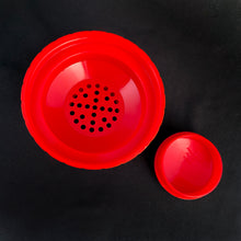 Load image into Gallery viewer, Vintage Art Deco style  NYC Skyscraper pressed glass cocktail shaker with red plastic dial-a-recipe lid with strainer. A fantastic conversation piece to add to your bar cart. Designed by Harry C. Gessler and produced by Medco Products Company in the USA, between 1935 - 1952. 
