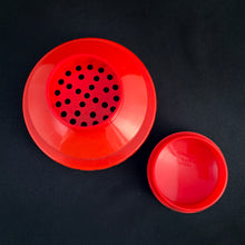 Load image into Gallery viewer, Vintage Art Deco style  NYC Skyscraper pressed glass cocktail shaker with red plastic dial-a-recipe lid with strainer. A fantastic conversation piece to add to your bar cart. Designed by Harry C. Gessler and produced by Medco Products Company in the USA, between 1935 - 1952. 
