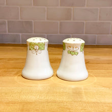 Load image into Gallery viewer, Hand Painted Nippon Art Nouveau Style Salt &amp; Pepper Shakers with Trilliums, Hearts and Gold Bead Moriage Details Marked Bottom Maple Leaf Shabby Chic Elegant Dinner Tablescape Home Decor Entertaining Brunch Toronto Canada Tableware Pair
