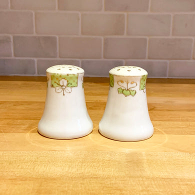 Hand Painted Nippon Art Nouveau Style Salt & Pepper Shakers with Trilliums, Hearts and Gold Bead Moriage Details Marked Bottom Maple Leaf Shabby Chic Elegant Dinner Tablescape Home Decor Entertaining Brunch Toronto Canada Tableware Pair