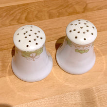 Load image into Gallery viewer, Hand Painted Nippon Art Nouveau Style Salt &amp; Pepper Shakers with Trilliums, Hearts and Gold Bead Moriage Details Marked Bottom Maple Leaf Shabby Chic Elegant Dinner Tablescape Home Decor Entertaining Brunch Toronto Canada Tableware Pair
