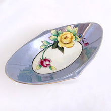 Load image into Gallery viewer, Vintage Blue Lustreware Hand Painted Pink Yellow Roses Blue Oval Shaped Porcelain Trinket Dish Noritake Japan Candy Tableware Glassware Home Decor Boho Bohemian Shabby Chic Cottage Farmhouse Victorian Mid-Century Modern Industrial Retro Flea Market Style Unique Sustainable Gift Antique Prop GTA Eds Mercantile Hamilton Freelton Toronto Canada shop store community seller reseller vendor Floral Flower Collector Collectible
