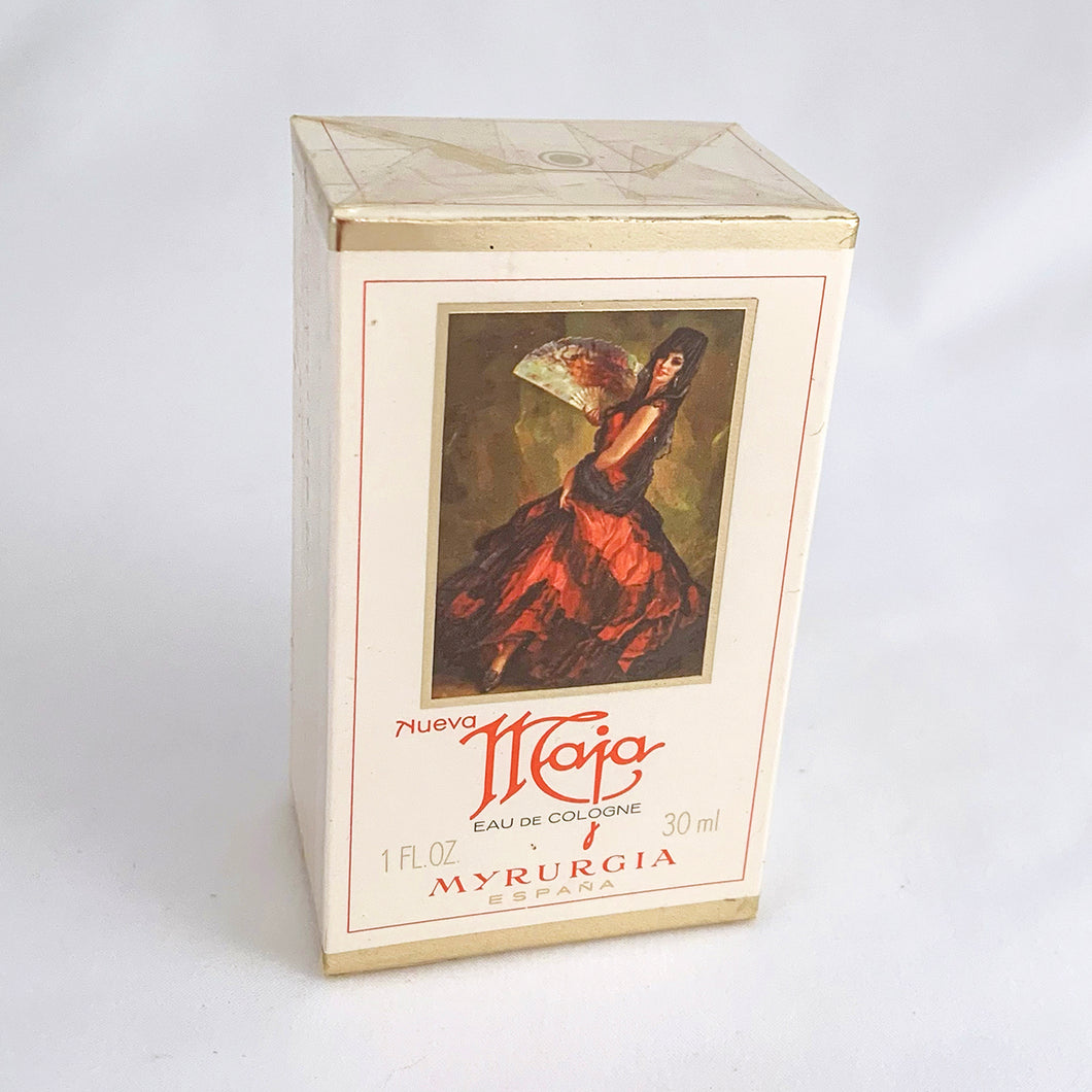 Vintage 1 ounce bottle of 'Nueva Maja' eau de cologne. Produced by Myrurgia, Spain.  In new condition, new old stock.