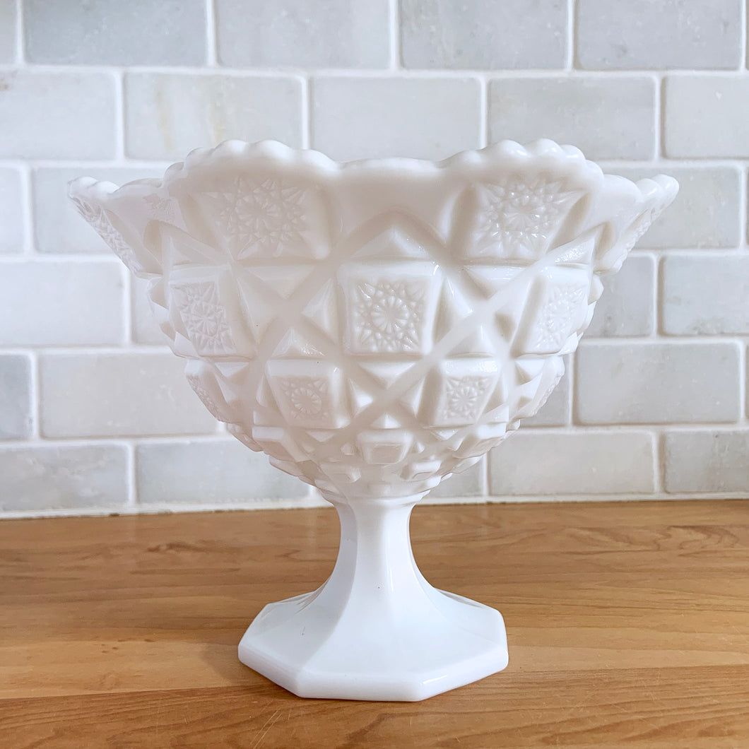 Pretty vintage white milk glass footed round bowl in the 