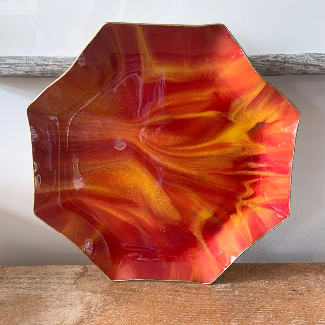 Vintage Hand Painted Red Orange Yellow Seetusee Art Glass 13 inch Octagon Console Bowl, Mayfair, Canada Colourful Scalloped Edge Home Decor Unique Buy Canadian Art Made Home Decor Boho Bohemian Shabby Chic Cottage Farmhouse Victorian Mid-Century Modern Industrial Retro Flea Market Style Unique Sustainable Gift Antique Prop GTA Eds Mercantile Hamilton Toronto Canada shop store community seller reseller vendor