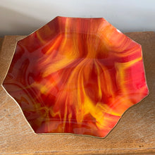 Load image into Gallery viewer, Vintage Hand Painted Red Orange Yellow Seetusee Art Glass 13 inch Octagon Console Bowl, Mayfair, Canada Colourful Scalloped Edge Home Decor Unique Buy Canadian Art Made Home Decor Boho Bohemian Shabby Chic Cottage Farmhouse Victorian Mid-Century Modern Industrial Retro Flea Market Style Unique Sustainable Gift Antique Prop GTA Eds Mercantile Hamilton Toronto Canada shop store community seller reseller vendor
