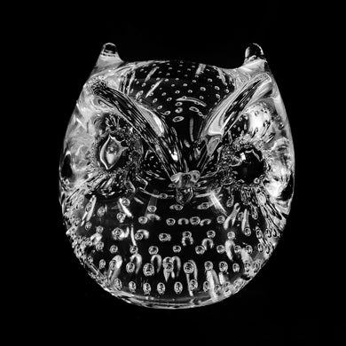 Adorable vintage mid-century hand blown clear glass owl paperweight with bullicante or controlled bubbles. Designed by Murano trained brothers, Alessandro and Roberto Moretti, crafted for Pilgrim Glass, USA, 1950s.

In excellent condition, no chips.

Measures 2 7/8 x 3 inches