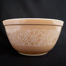 Load image into Gallery viewer, Vintage set of three Pyrex milk glass mixing bowls in the Woodland pattern. Bowl sizes are 401 750ml; 5 1/2&quot;, 402 1.5 litres; 7&quot;, 403 2.5 litres; 8 1/2&quot;. Number 403 and 401 are brown with white flowers and 402 has a tan background with white flowers. Oven and microwave safe; great for serving and food storage. Produced by Corning, NY, USA between 1978 - 1985. All pieces are in excellent condition, free from chips, cracks, stains, wear. These have not seen a dishwasher and look practically brand new! 
