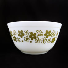 Load image into Gallery viewer, Fabulous find, in this vintage &quot;Spring Blossom Green I (Green On White)&quot; commonly referred to as &quot;Crazy Daisy&quot; is a white milk glass bowl with green flowers. This is a 402, 1-1/2 quart beauty! Produced by Corning between 1972 to 1979 and again between 1979 to 1981.  In excellent condition, no chips or cracks. Barely looks used and the green is still shiny and vibrant.  Measures 7-1/4&quot; x 3-1/2&quot;
