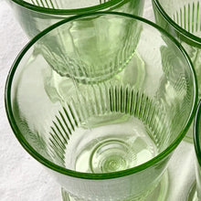 Load image into Gallery viewer, Stunning apple green vintage style footed water goblet. The glass has a starburst foot and the lower half of each glass has a ribbed detail. A beautiful addition to any tablescape!  In excellent condition, free from chips or cracks. Made by Martha Stewart in the USA.  Measures 3 1/2 x 6 1/2 inches  Capacity 15 fluid oz
