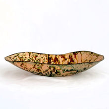 Load image into Gallery viewer, Vintage artisan made copper enamel oblong shaped bowl in shades of peach, green and toffee. Signed by the artist, Ken Slate &#39;89.  In excellent condition.  Measures 9-1/4&quot; x 3-5/8&quot; x 1-3/4&quot;
