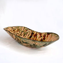 Load image into Gallery viewer, Vintage artisan made copper enamel oblong shaped bowl in shades of peach, green and toffee. Signed by the artist, Ken Slate &#39;89.  In excellent condition.  Measures 9-1/4&quot; x 3-5/8&quot; x 1-3/4&quot;
