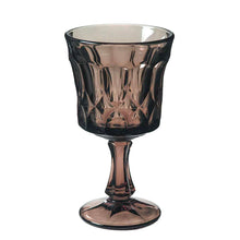 Load image into Gallery viewer, Beautifully designed vintage smokey brown &quot;Perspective&quot; stemmed glass water goblets. Produced by Noritake of Japan between 1970 - 1985. Make your tablescape or bar cart shine with these beauties. Bonus, they glow beautifully under black light!  All are in excellent condition, free from chips with minor wear.  Measures 3 5/8 x 6 1/2 inches  Capacity 10 ounces
