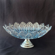 Load image into Gallery viewer, This vintage pale blue &quot;Petal&quot; bowl with a chrome pedestal base is a lovely piece to use as a fruit bowl or catchall. Produced by Federal Glass, USA, circa 1960. Add vintage charm to your kitchen with the beautiful bowl.  In excellent condition free from chips.  Measures 10 1/4 x 4 3/4 inches
