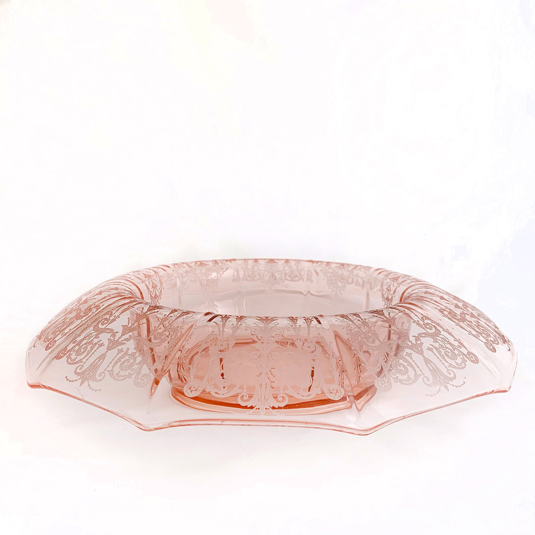 One of most beautiful pieces of depression glass is gracing our shop! In the prettiest shade of pink with incredible etching, this is one stunning rolled rim crystal console or centrepiece bowl in the 