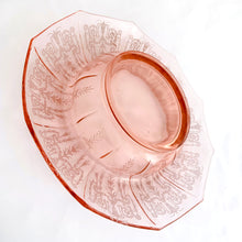 Load image into Gallery viewer, One of most beautiful pieces of depression glass is gracing our shop! In the prettiest shade of pink with incredible etching, this is one stunning rolled rim crystal console or centrepiece bowl in the &quot;CLEO&quot; pattern in the Decagon shape. Designed and produced by the Cambridge Glass Company in 1930.   In excellent condition with minimal wear, no chips or cracks.  Measures 11&quot;x 2-1/2&quot;
