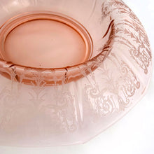 Load image into Gallery viewer, One of most beautiful pieces of depression glass is gracing our shop! In the prettiest shade of pink with incredible etching, this is one stunning rolled rim crystal console or centrepiece bowl in the &quot;CLEO&quot; pattern in the Decagon shape. Designed and produced by the Cambridge Glass Company in 1930.   In excellent condition with minimal wear, no chips or cracks.  Measures 11&quot;x 2-1/2&quot;
