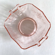 Load image into Gallery viewer, This bowl is the prettiest piece of pink depression glass, etched with flowers and leaves on three (3) satin (frosted) feet. It&#39;s screams elegance! Originally produced as a candy bowl, it could easily be repurposed as a vessel for just about anything. It&#39;s such a beauty, simply admire it as a stunning decor piece.  In excellent vintage condition, no chips or cracks. Made by Lancaster Glass Company, circa 1930.  Measures 6-1/4&quot; x 3-1/2&quot;
