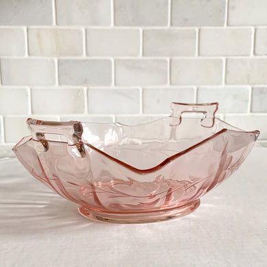 Vintage pink depression glass handled serving bowl, etched with florals. Crafted by Lancaster Glass Company, circa 1930. It's an absolute beauty! In excellent vintage condition, no chips or cracks. Measures 6 1/4 x 3 1/2 inches