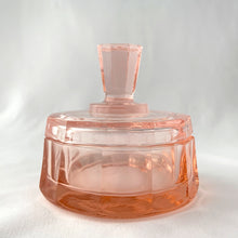Load image into Gallery viewer, Vintage Twelve Paneled Pink Depression Glass Lidded Vanity or Trinket Box Candy Dresser Jar Powder Catchall Tableware Glassware Home Decor Boho Bohemian Shabby Chic Cottage Farmhouse Victorian Mid-Century Modern Industrial Retro Flea Market Style Unique Sustainable Gift Antique Prop GTA Eds Mercantile Hamilton Freelton Toronto Canada shop store community seller reseller vendor Collector Collectible
